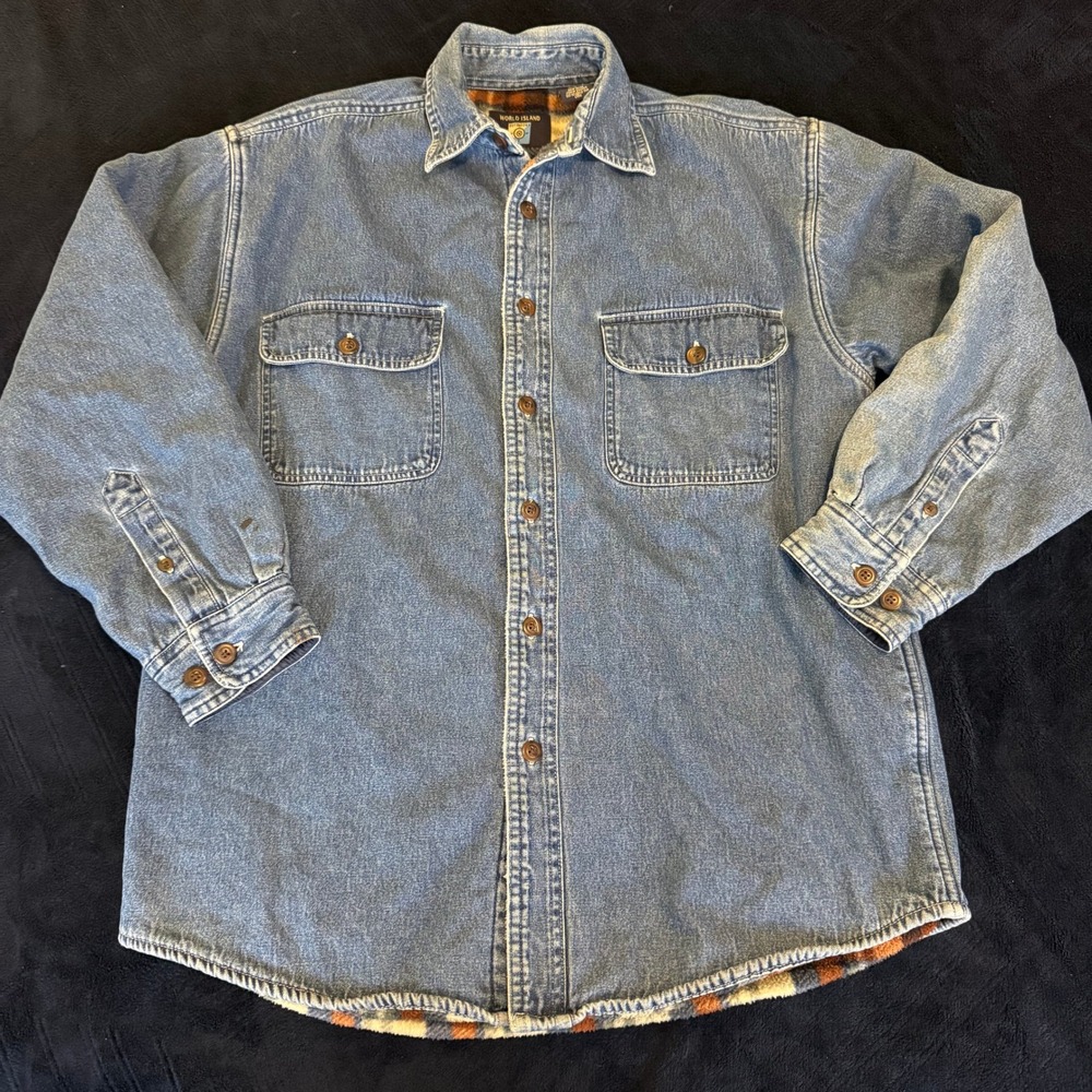 World‎ Island Outdoors Mens Denim Shirt Jacket Plaid Fleece Lined Blue Size M